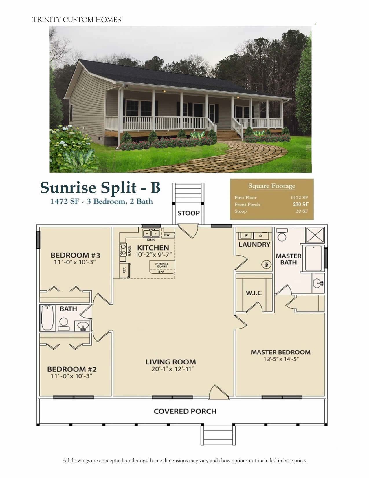 sunrise split b home rendering and floor plans