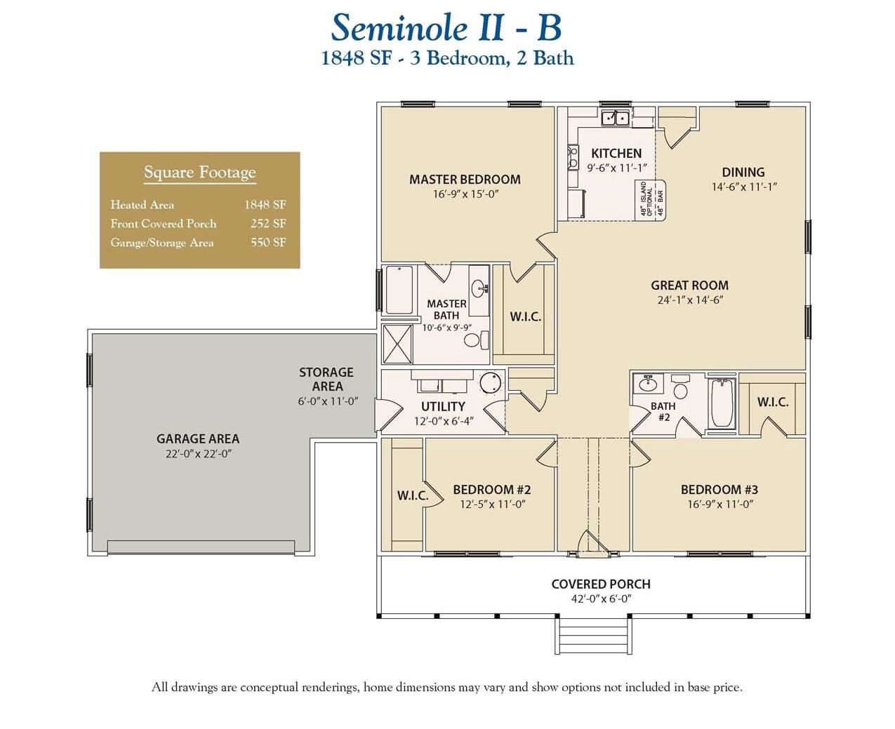 Seminole II-B 3 bedroom custom home floor plan