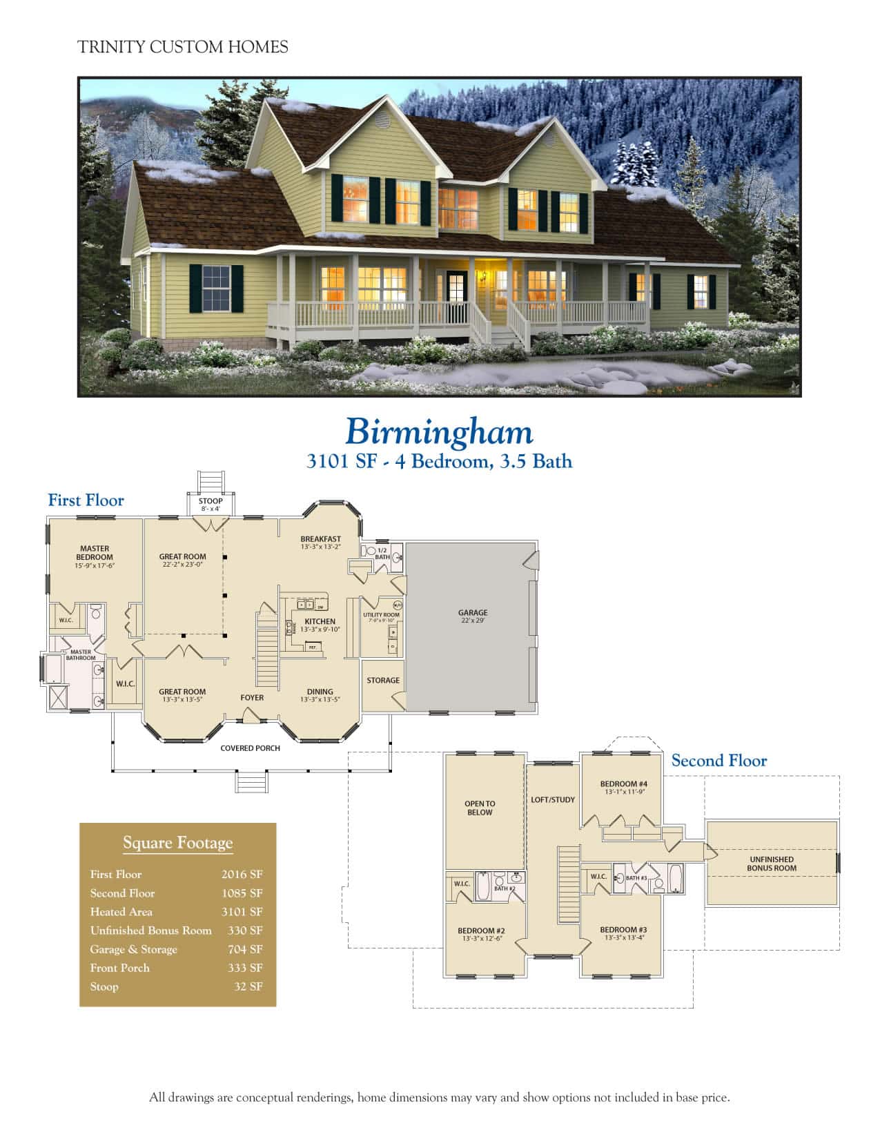 Sample photo and floor plan layout of Trinity's Birmingham Custom Home Plan