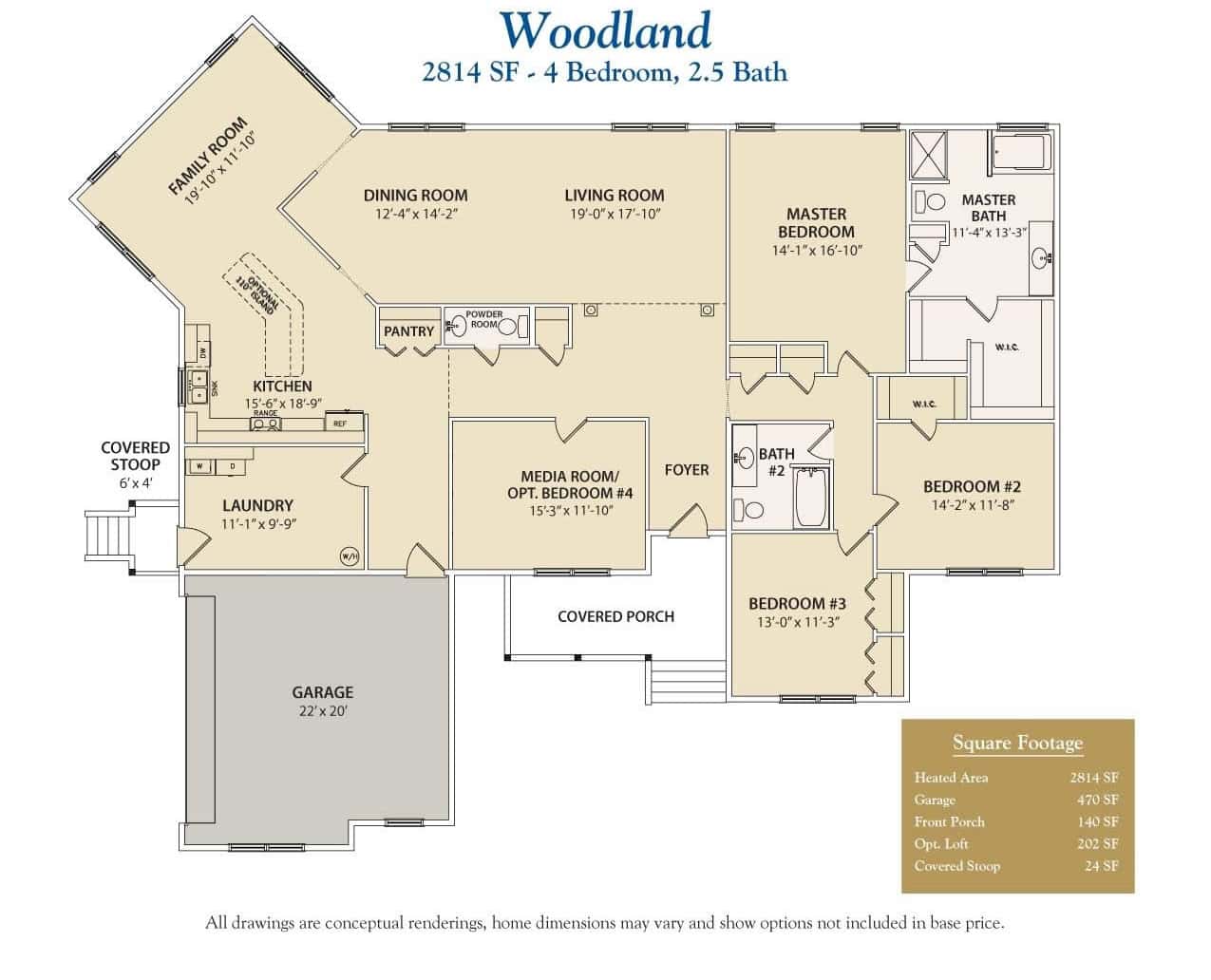 Floor plan for Woodland 4 bedroom single story home