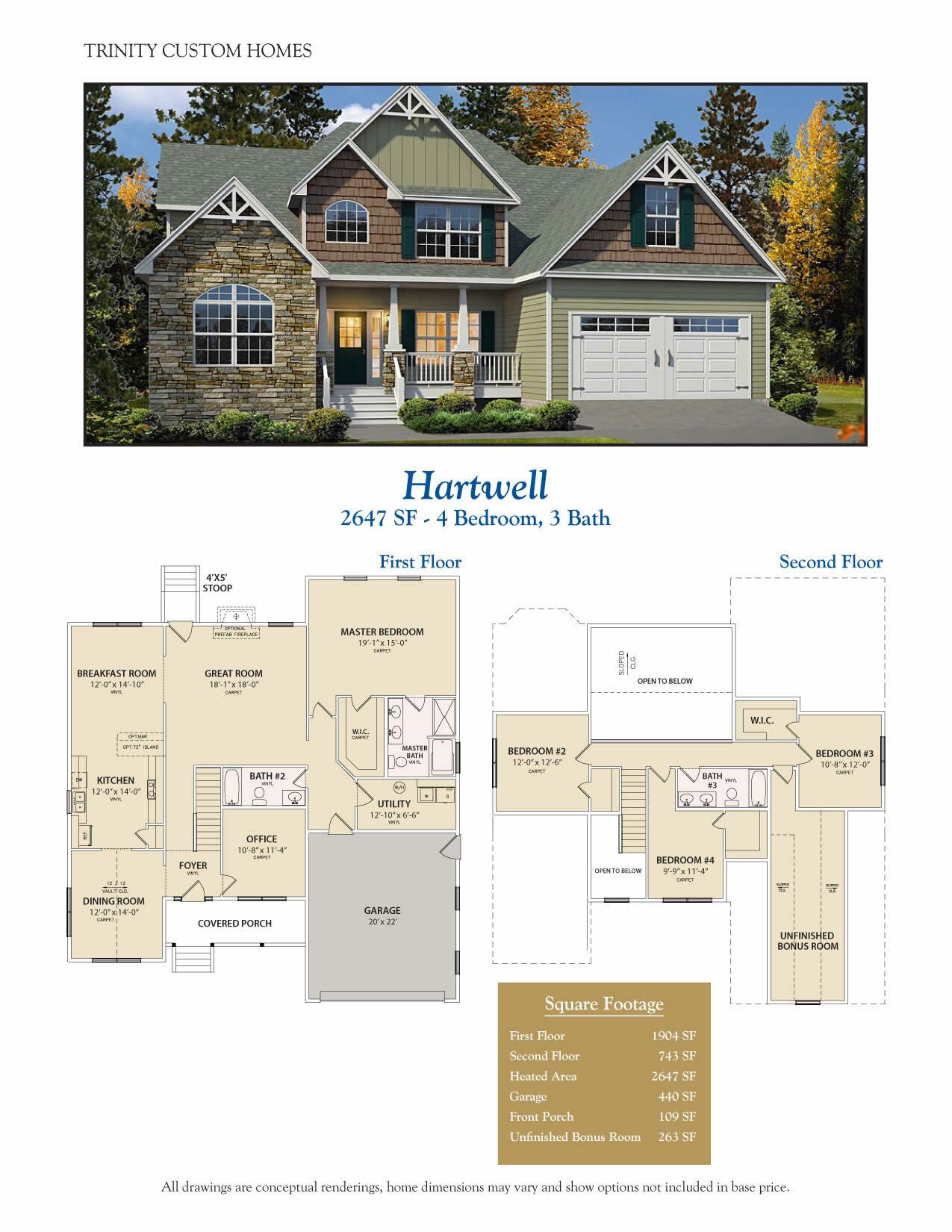 Hartwell home plan rendering and floor plans