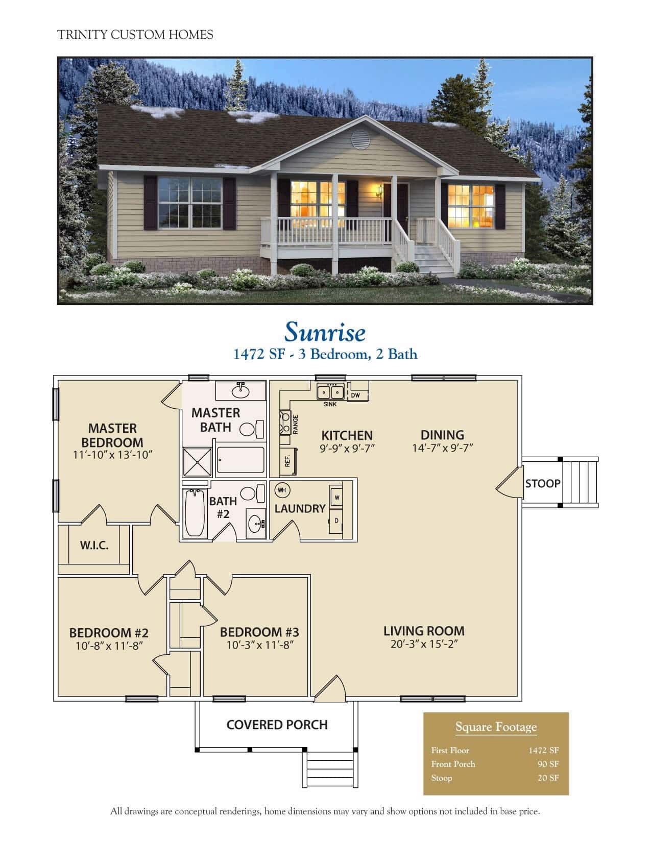 sunrise custom home rendering and floor plan