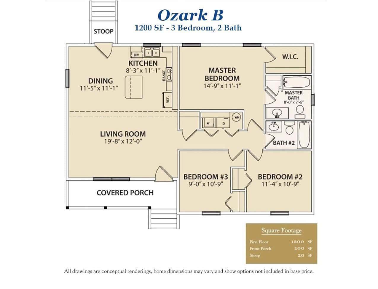 Ozark B 3 bedroom ranch custom home floor plan