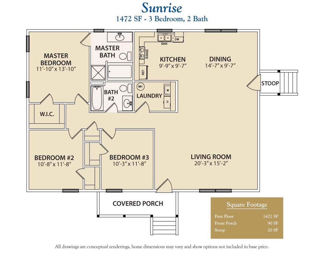 Sunrise 3 bedroom ranch home floor plan
