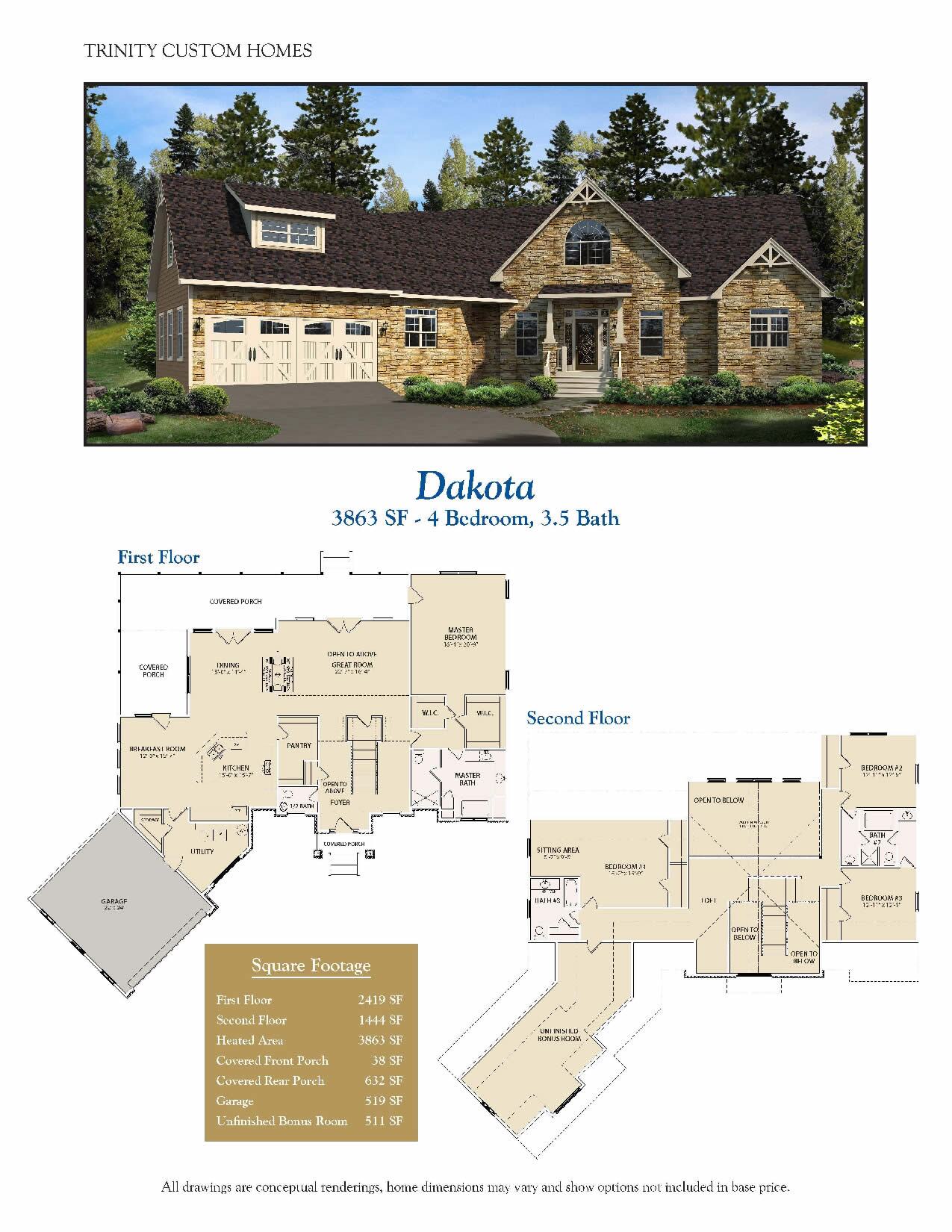 Dakota stone home rendering with floor plans