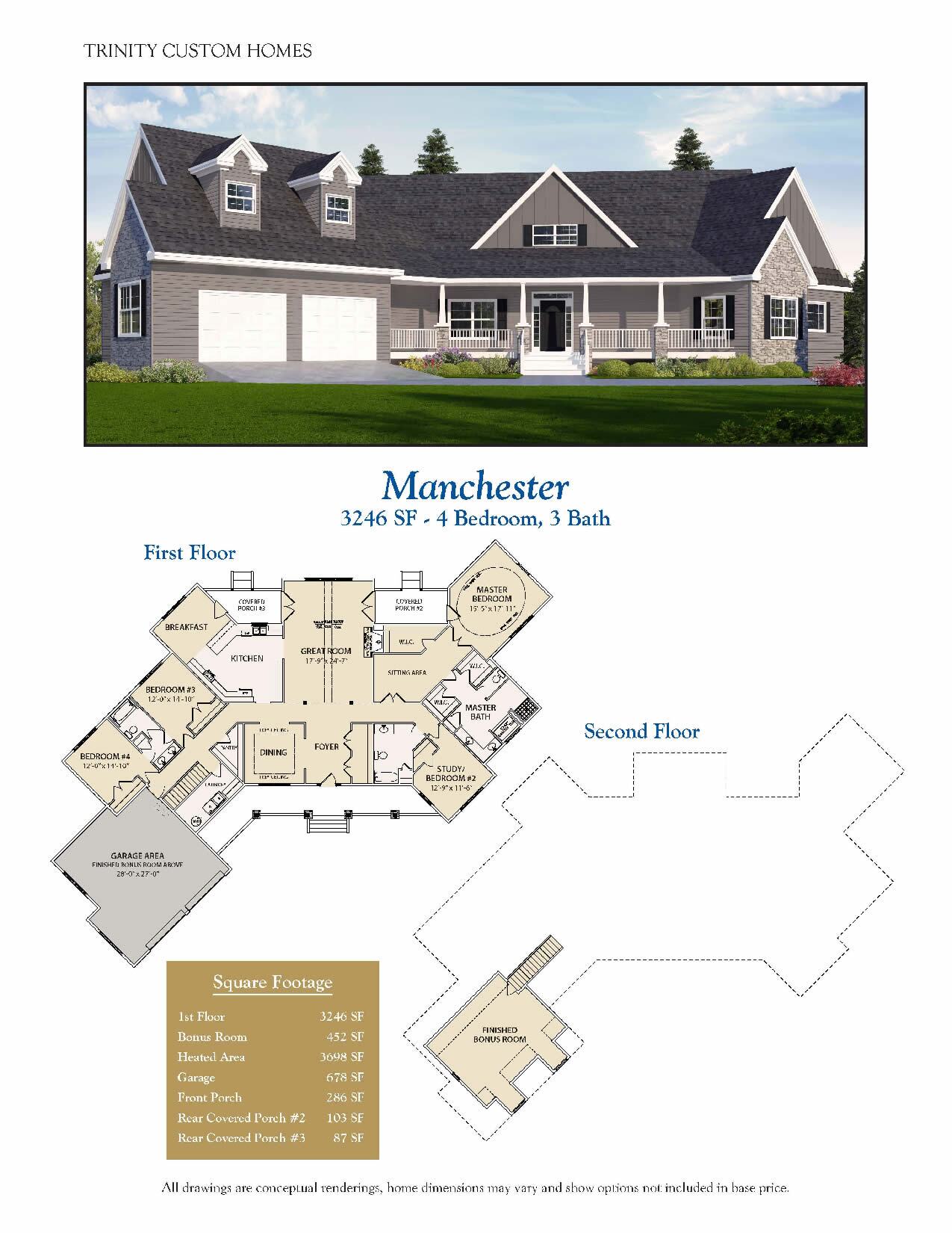 Manchester custom home rendering and floor plans
