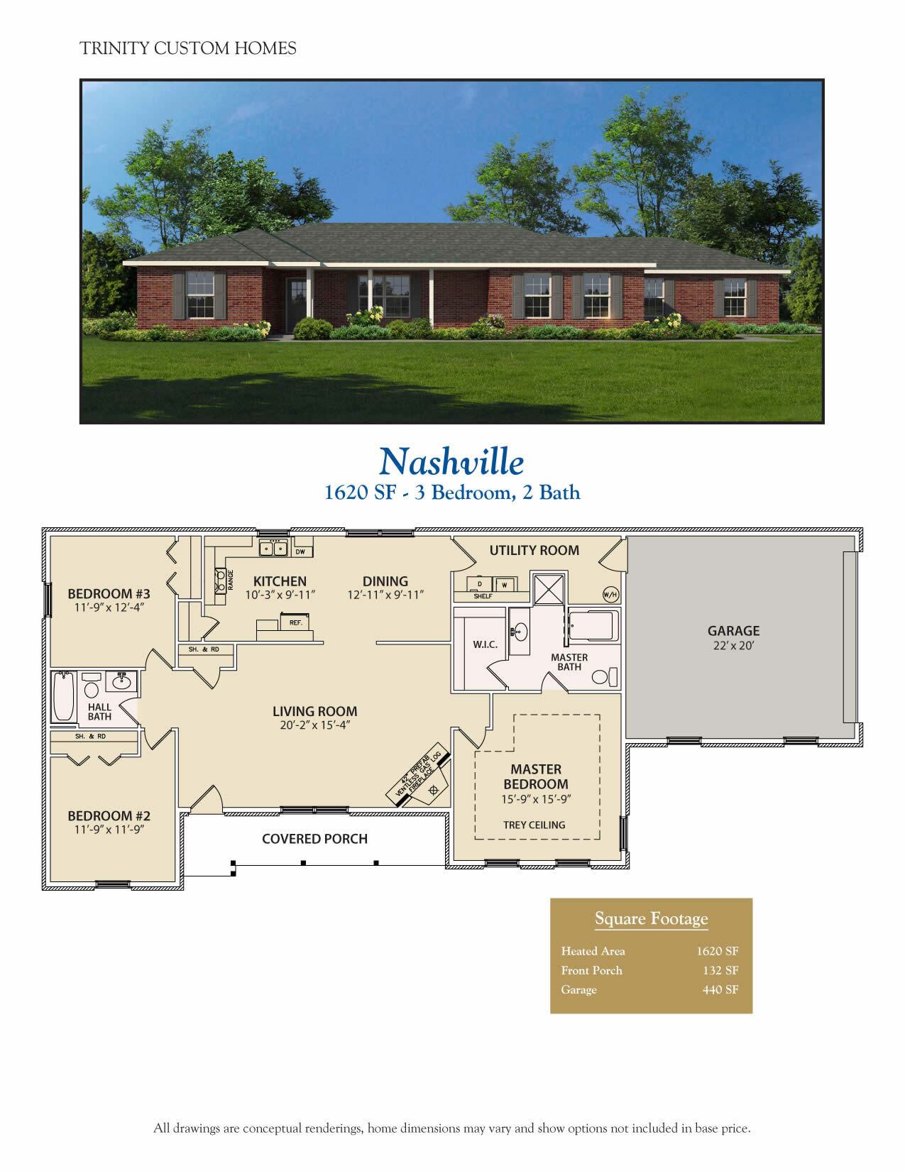 red brick single story home and floor plans