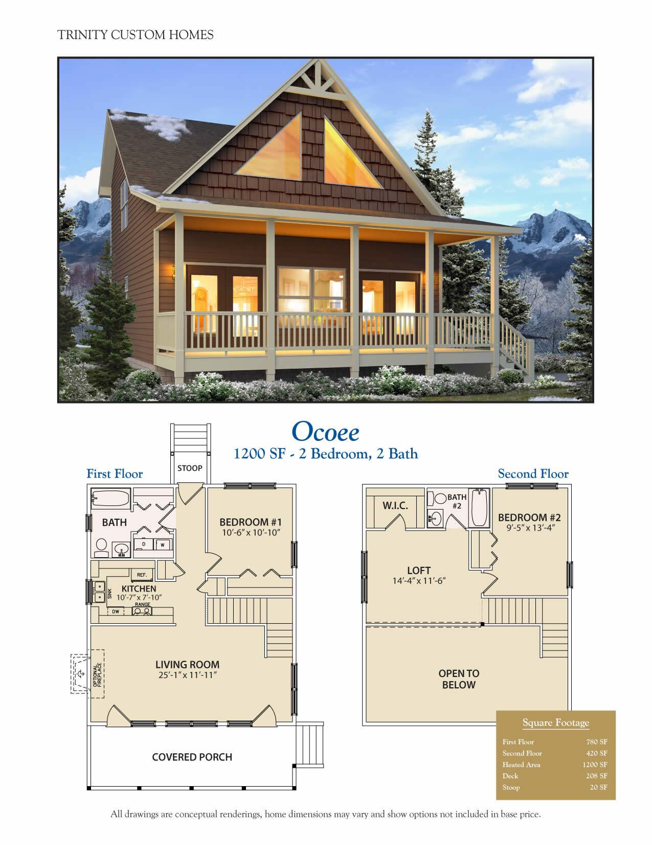 two-story house rendering with floor plans