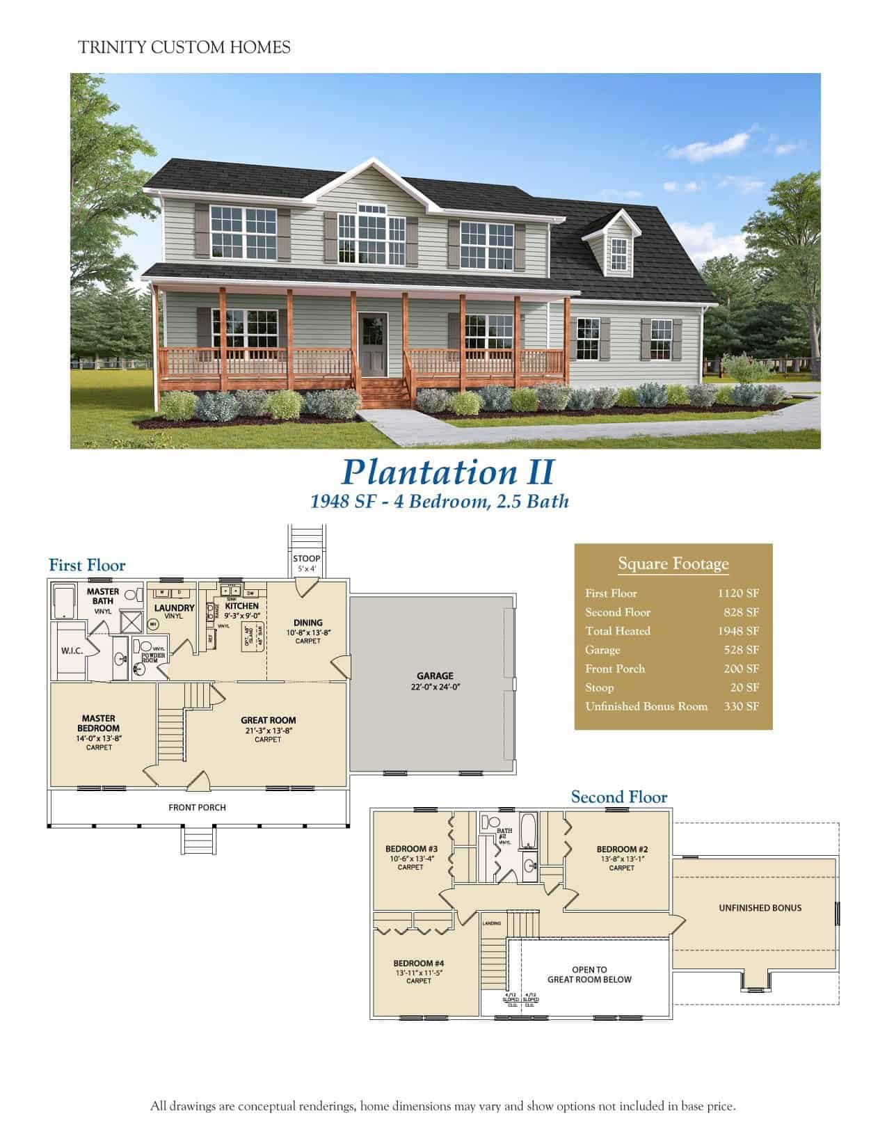 Photo render and floor plan of Plantation II spacious custom home plan