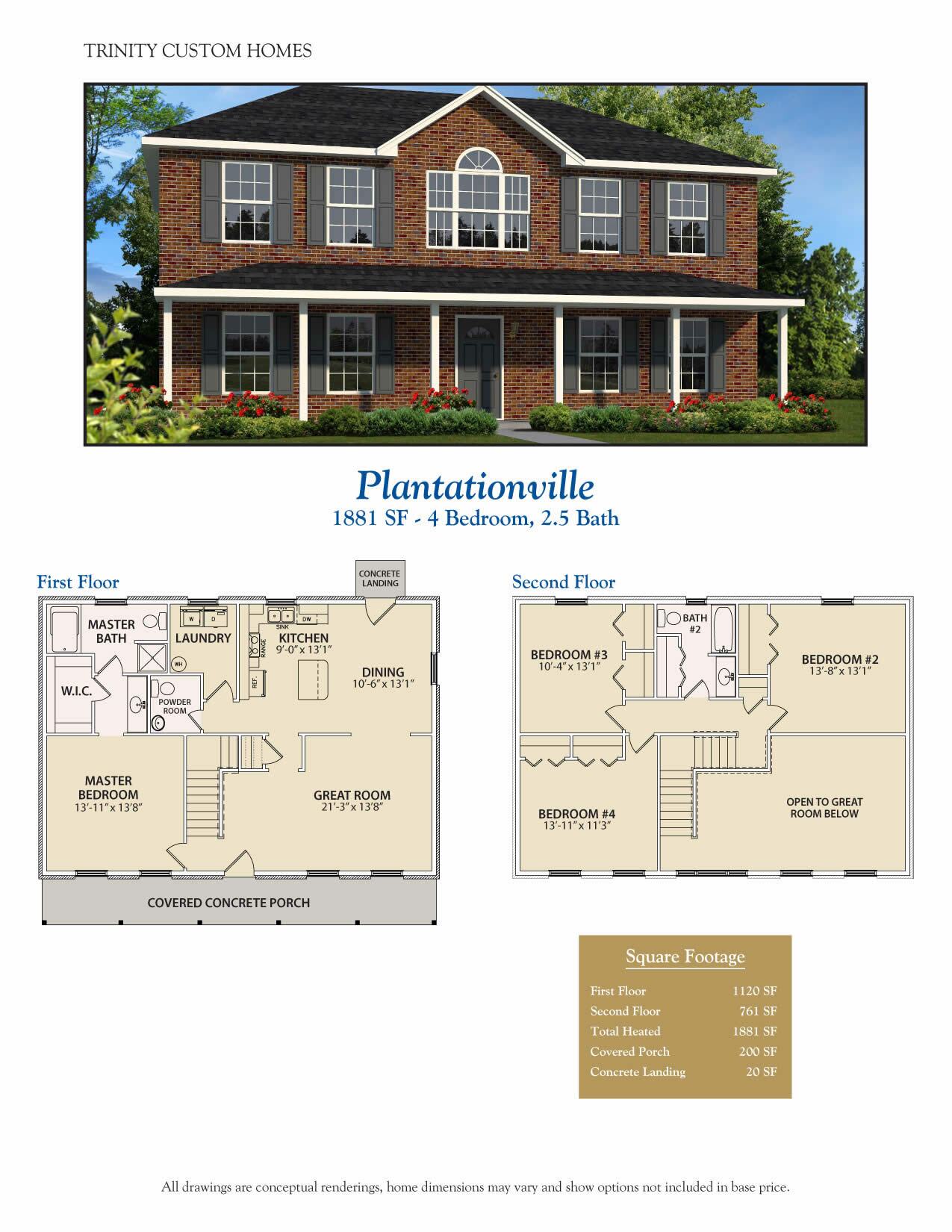 two-story brick house rendering with floor plan