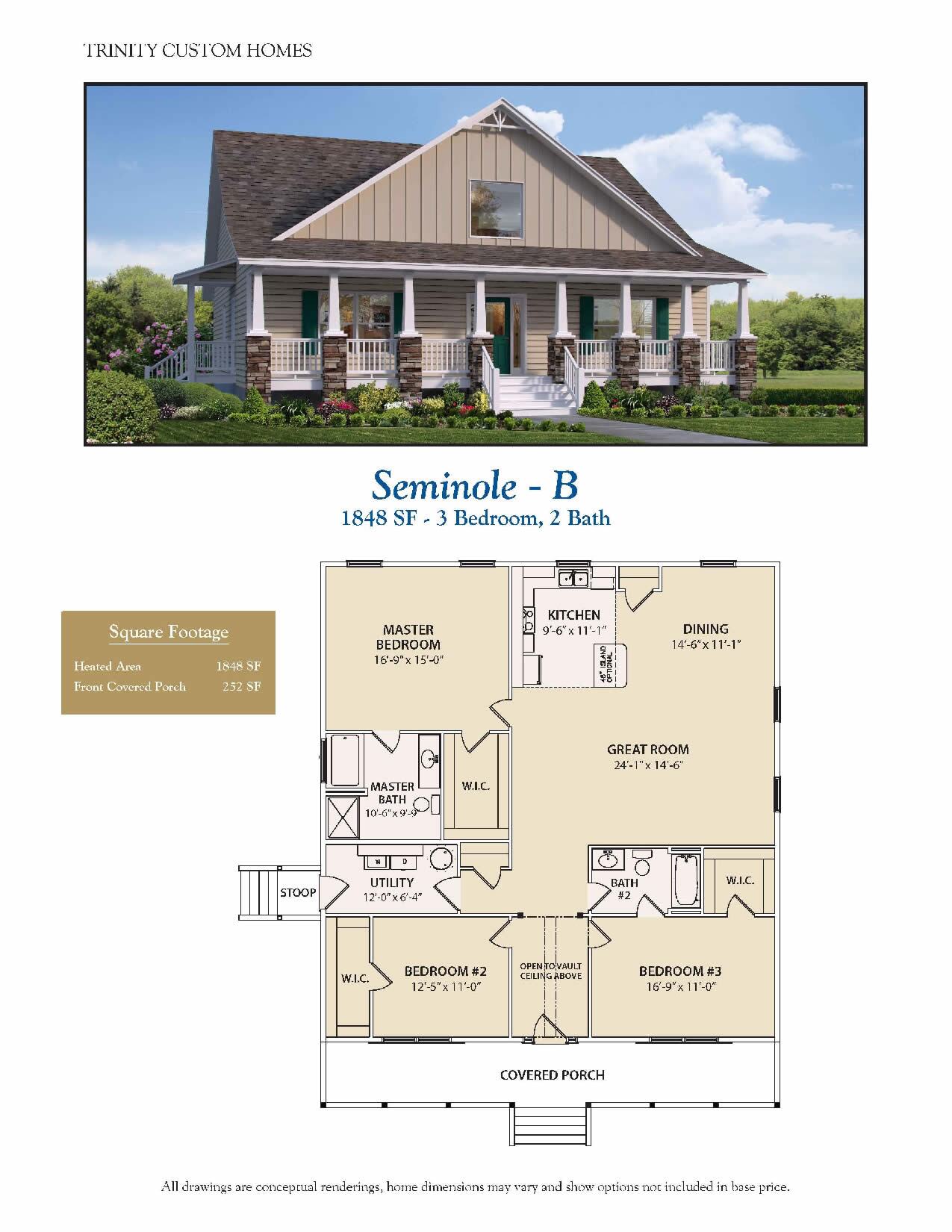 Beige Seminole home with front porch and floor plans