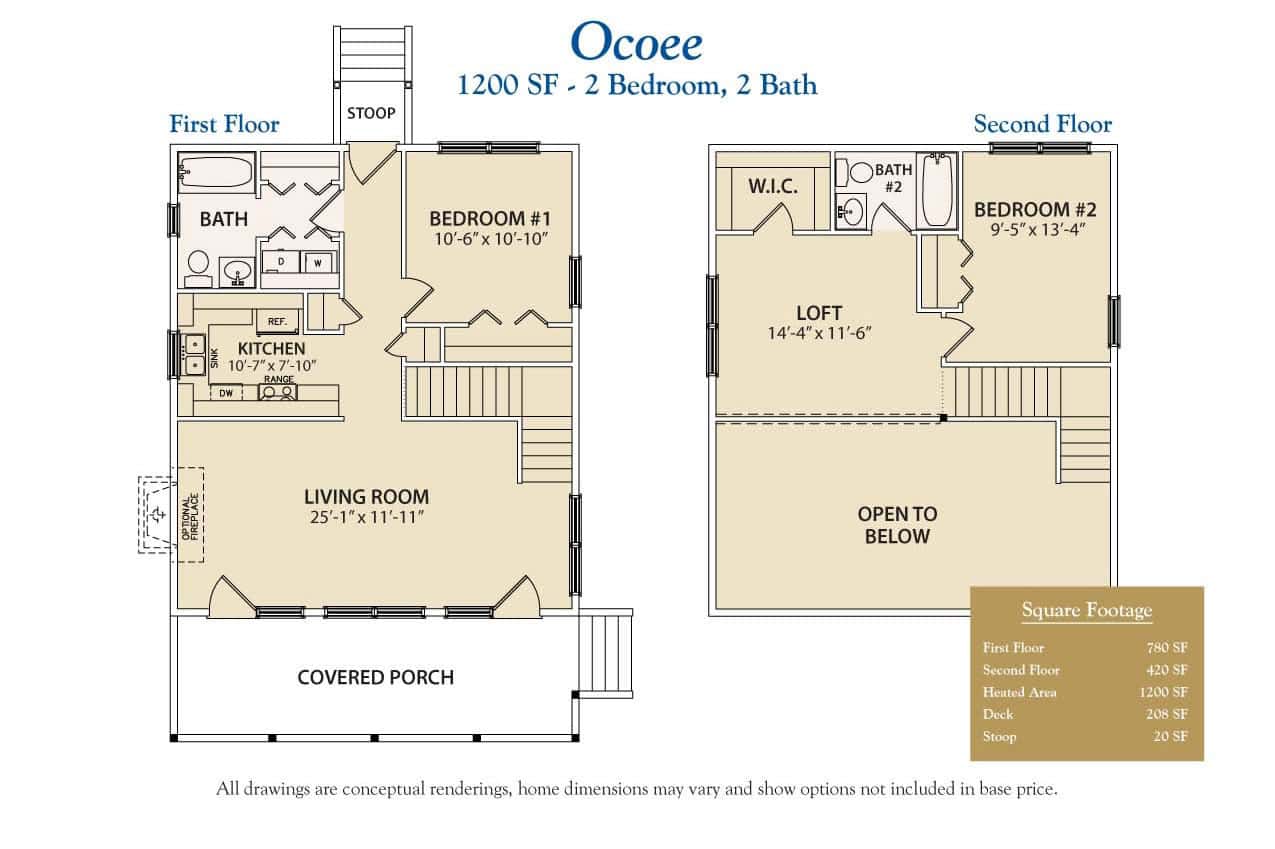 Ocoee two bedroom, two story home floor plan