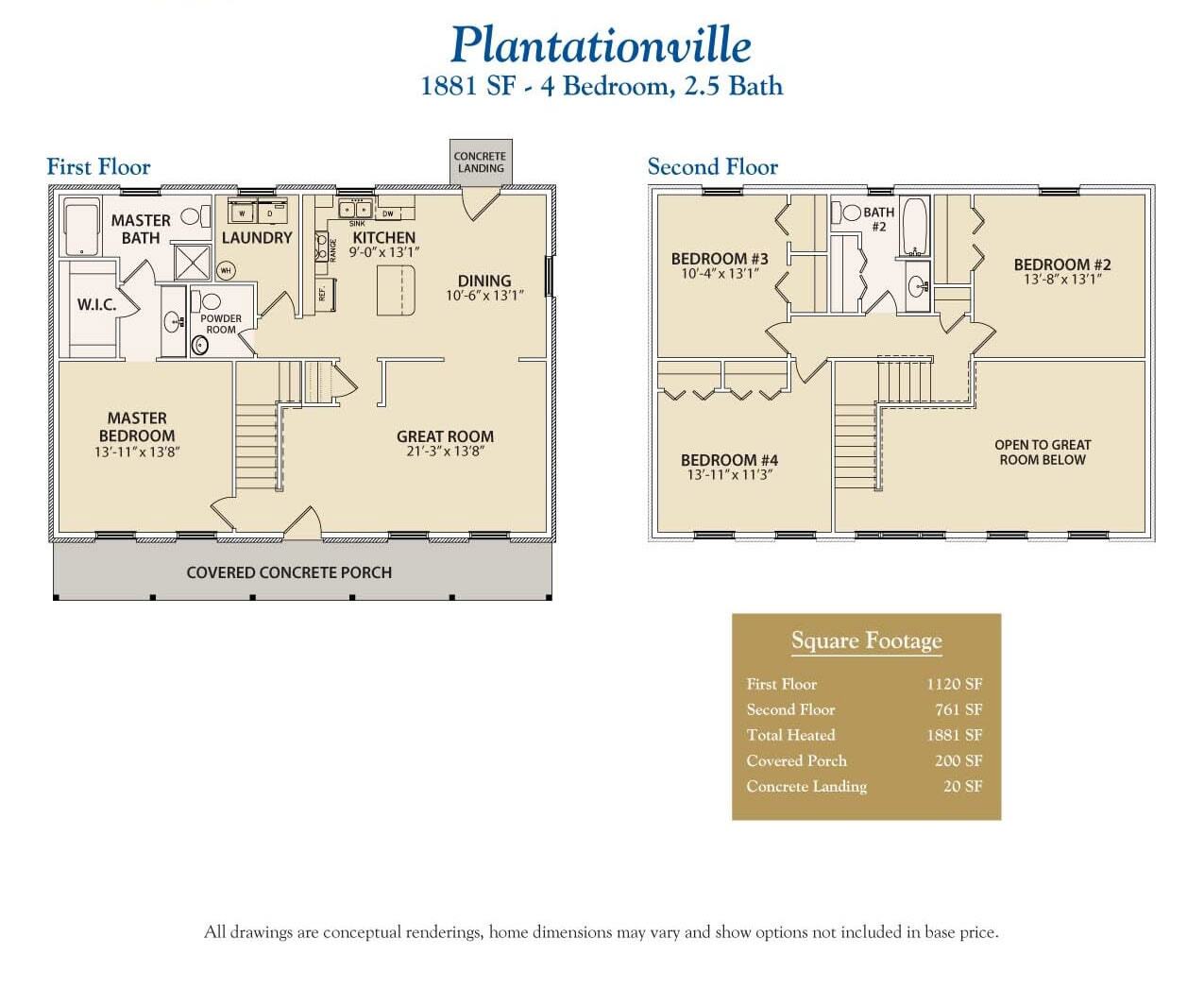 Plantationville custom floor plan for 4 bedroom, 2 story home