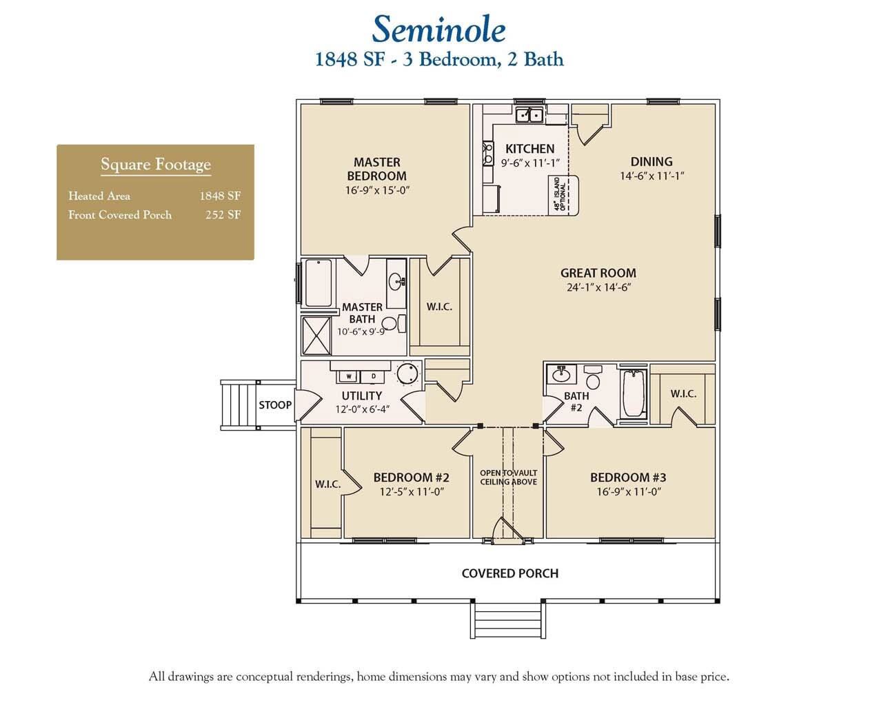3 bedroom Seminole single story custom home floor plan