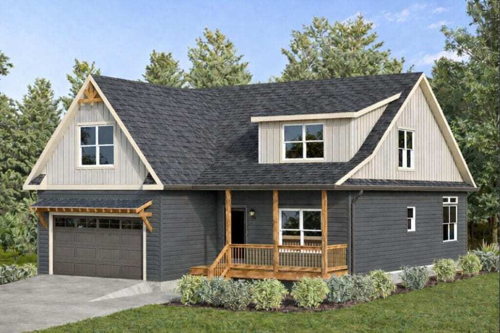 ALPINE - Custom modern home featuring dark gray and light beige siding, a gabled roof, and a cozy front porch, set amidst lush greenery.