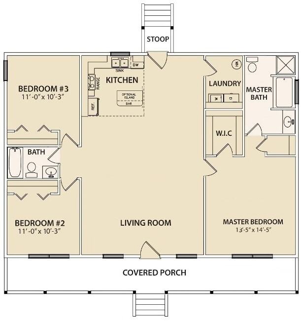 Detailed floor plan of River's Edge, a custom home by Trinity Custom Homes, featuring three bedrooms, two bathrooms, a spacious living room, and modern kitchen.
