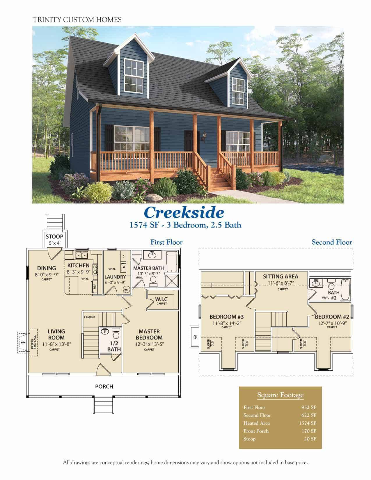 Trinity Custom Homes Creekside home rendering with floor plans