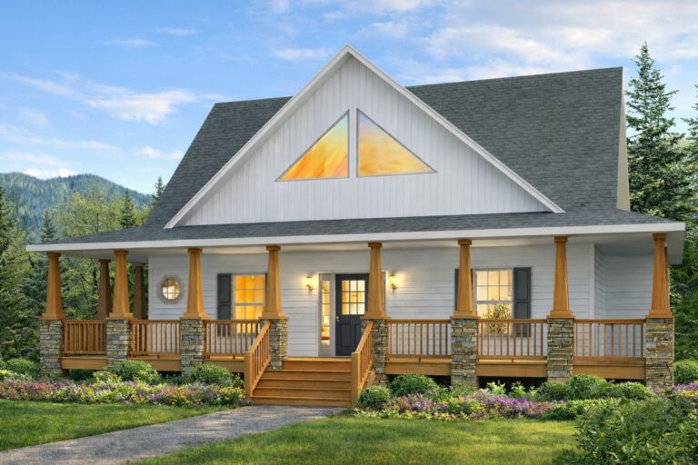 Elegant craftsman-style home featuring a spacious front porch, wooden accents, and large windows showcasing scenic mountain surroundings. Perfect for custom home enthusiasts.