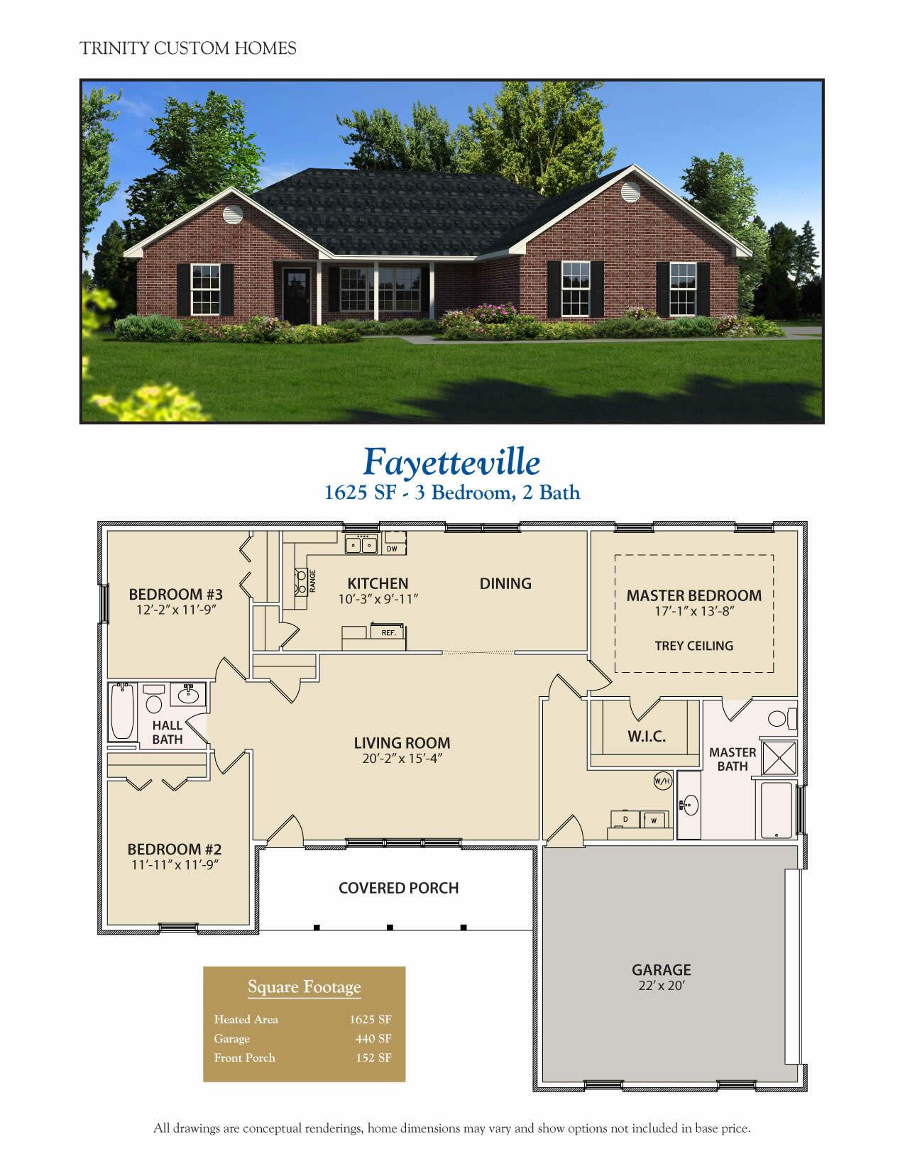 Fayetteville red brick home rendering with floor plans