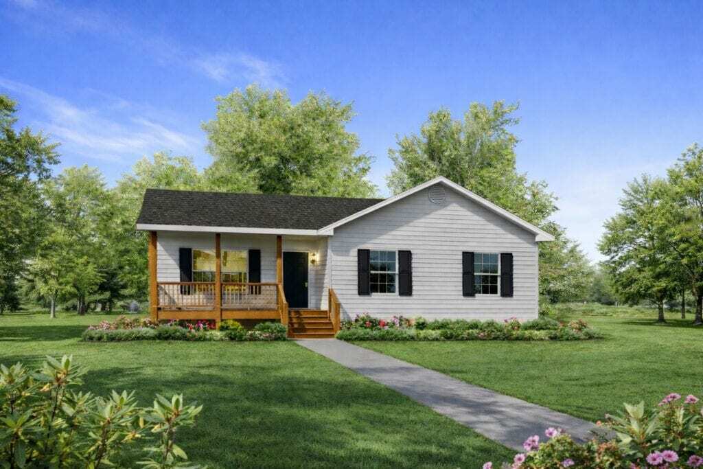 Beautiful frontier-style custom home with a welcoming porch, black shutters, and lush green lawn, showcasing Trinity Custom Homes' craftsmanship.