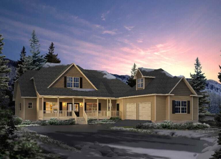 Gatlinburg wo story home with front porch and snowy trees in background