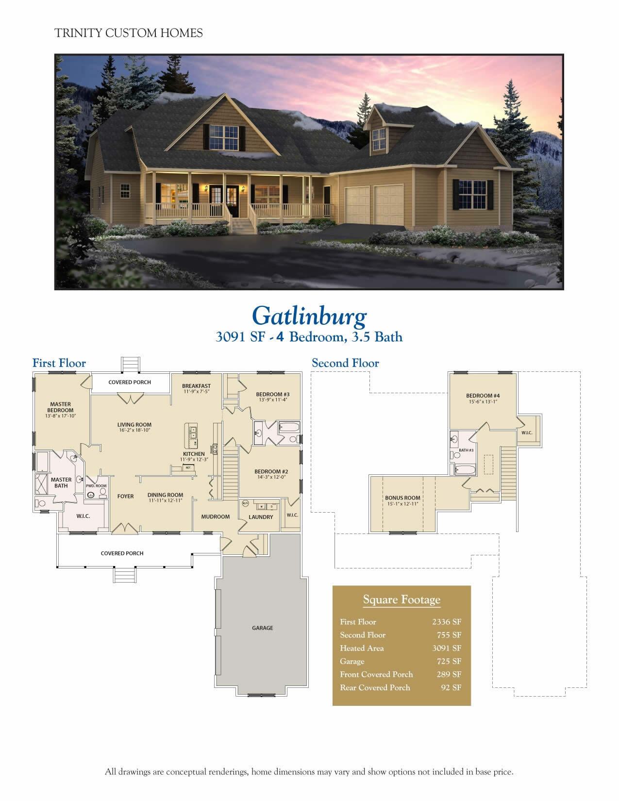 Gatlinburg custom home rendering and floor plan