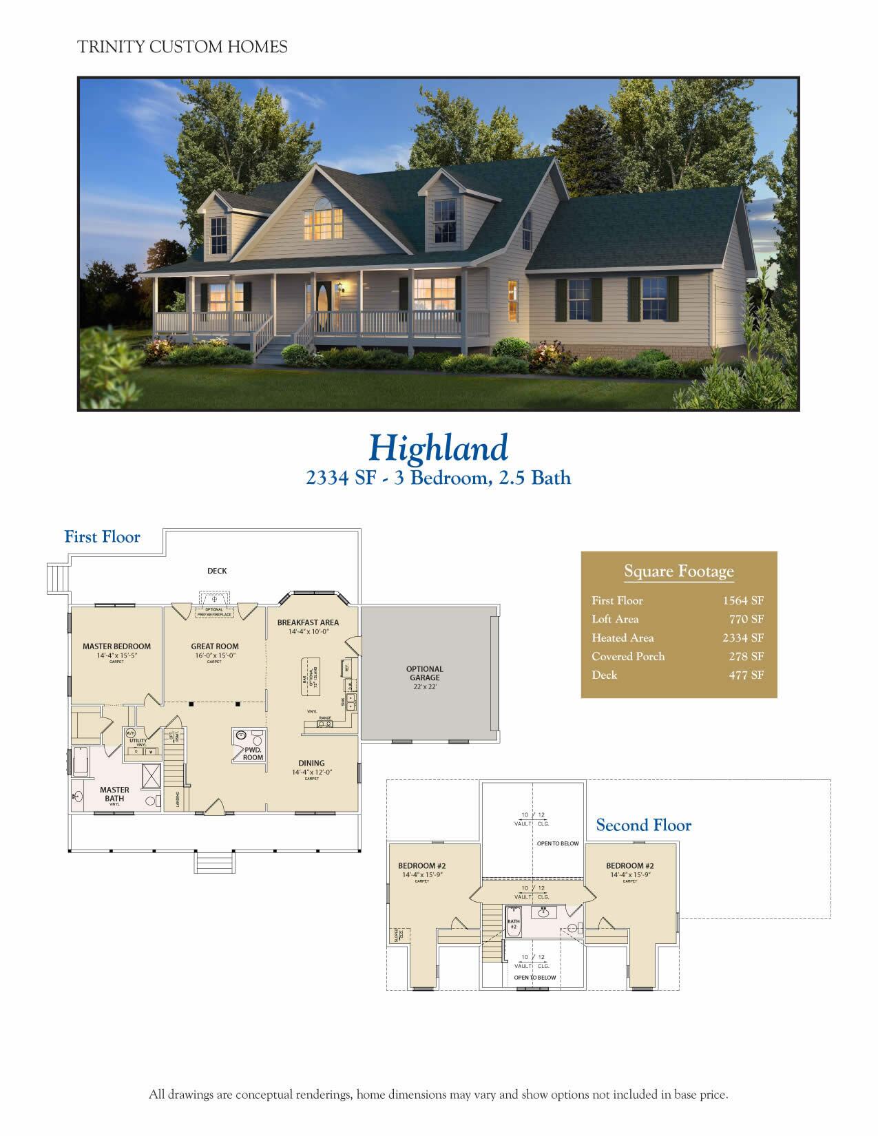 Highland home plan rendering and floor plan