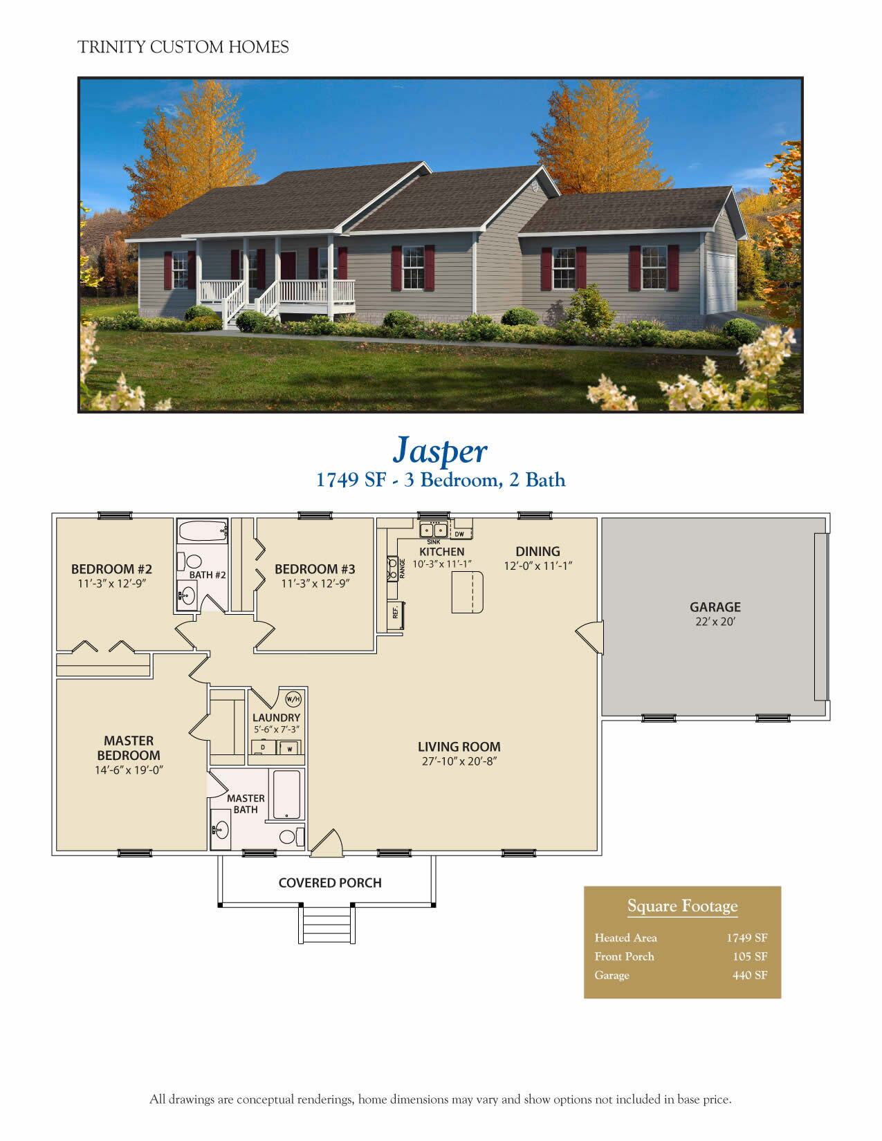 Jasper custom ranch home rendering and floor plan