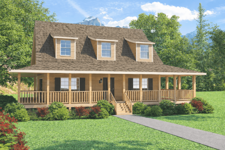 Beautiful custom lakefront home with spacious porch, three dormer windows, and natural wood exterior, set against lush greenery and mountain backdrop.