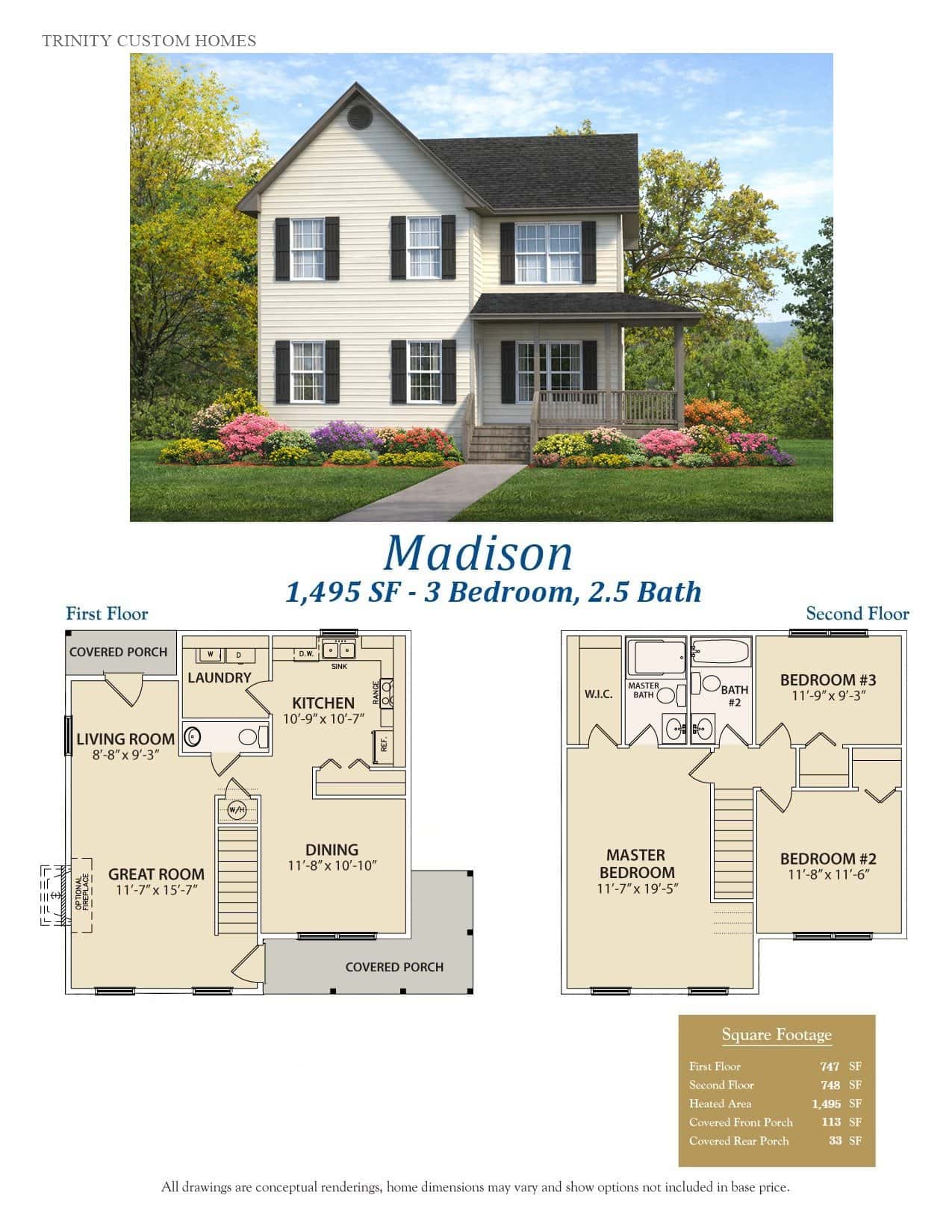 A beautifully designed two-story home with a classic exterior, featuring a covered porch, lush landscaping, and a spacious layout ideal for family living.