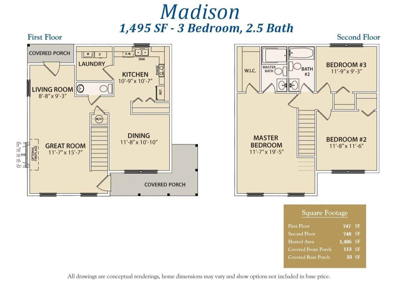 Elegant Madison floor plan featuring 3 bedrooms, 2.5 bathrooms, and spacious living areas, perfect for family living and entertaining. Designed by Trinity Custom Homes for modern comfort and style.