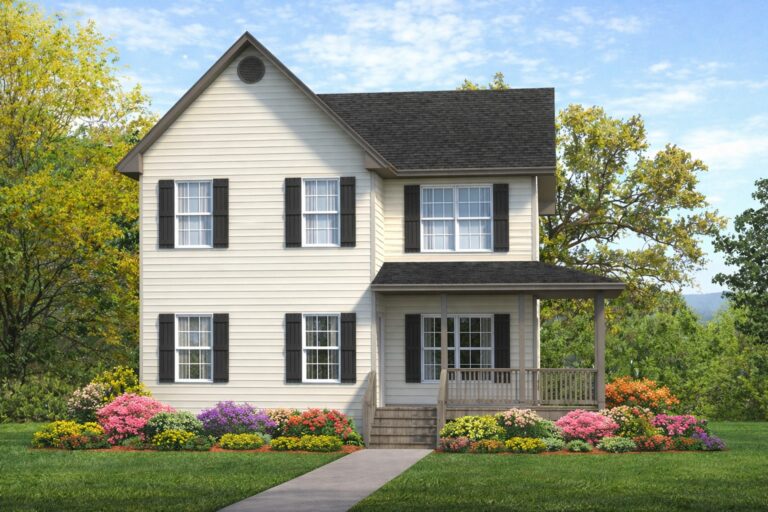 Beautiful white farmhouse with black shutters, front porch, and landscaped garden, showcasing custom home design in Madison. Perfect blend of classic charm and modern comfort.