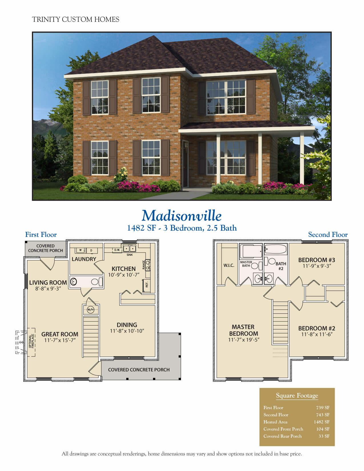 Madisonville brown brick two story home and floor plan