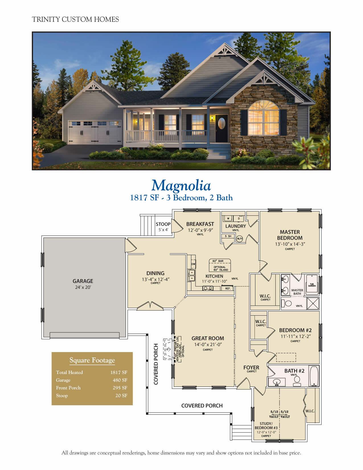 Magnolia custom home floor plan and rendering