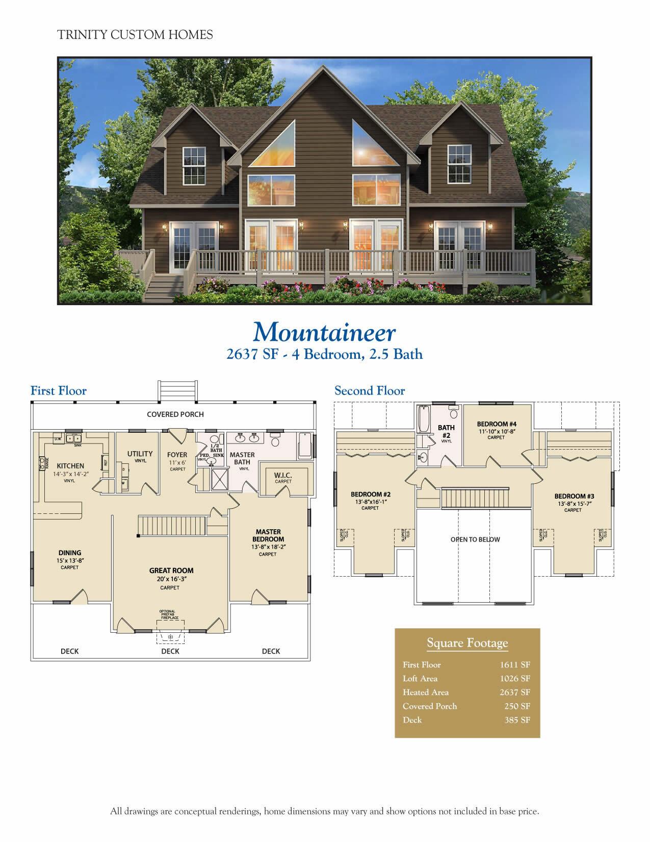 Mountaineer brown home with trees and a floor plan