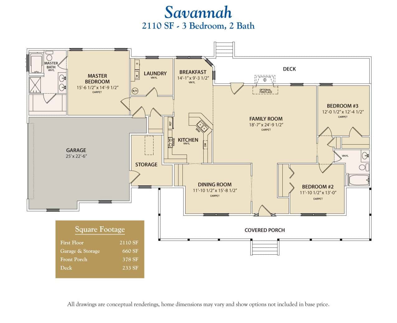 Elegant Savannah custom home floor plan featuring 3 bedrooms, 2 bathrooms, spacious living areas, and a covered porch, perfect for family living and entertaining.