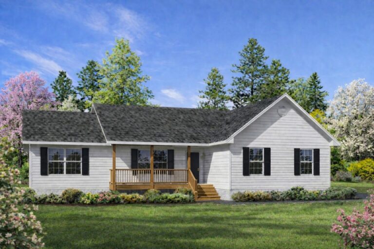 Beautiful white custom home in Villa Rica with a welcoming porch, surrounded by lush greenery and flowering trees, showcasing quality craftsmanship and modern design.
