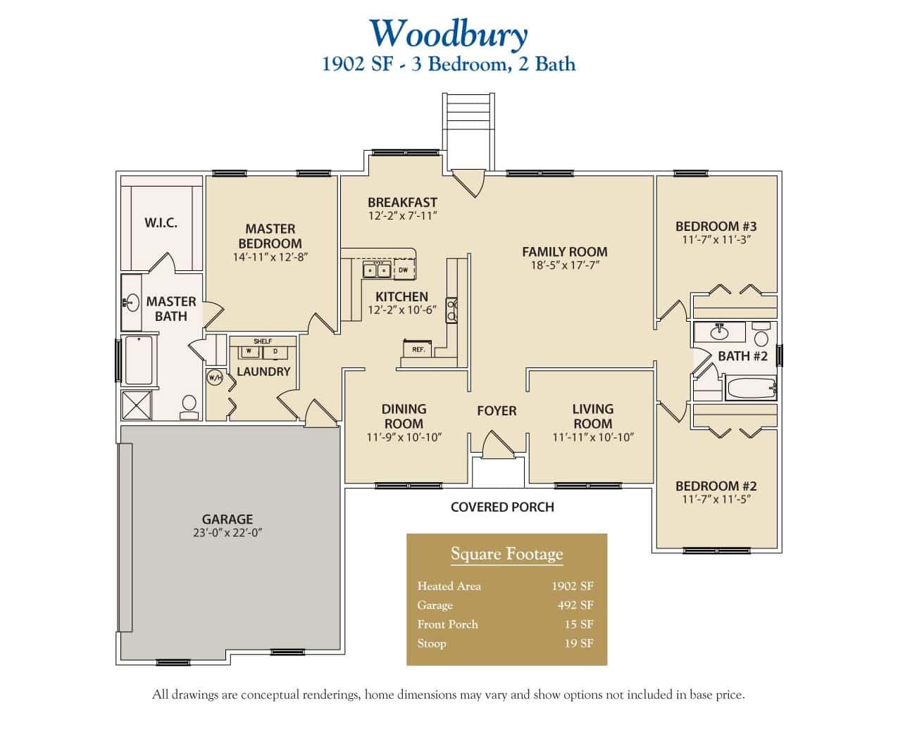 Woodbury 3 bedroom, single story home floor plan