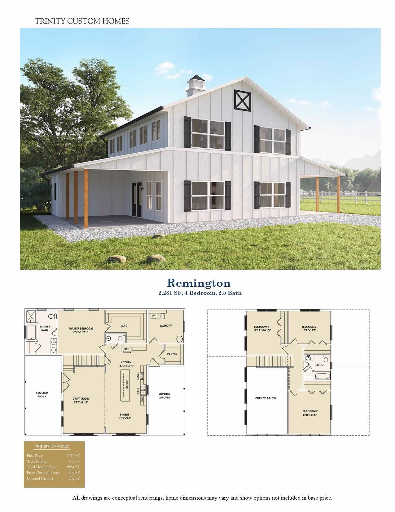 Rendering and floor plan for Remington two story custom home