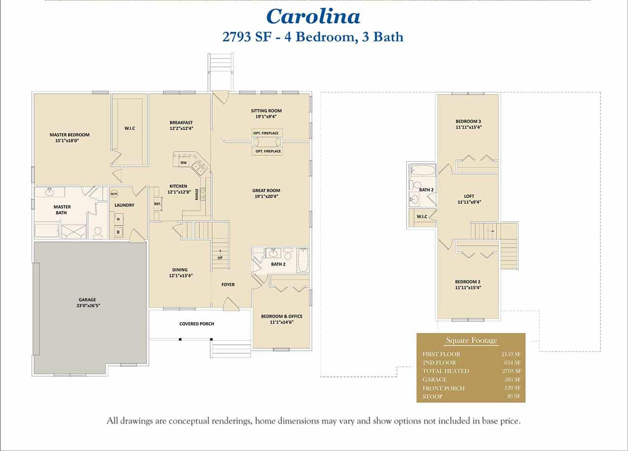 Carolina two story, four bedroom custom home floor plan