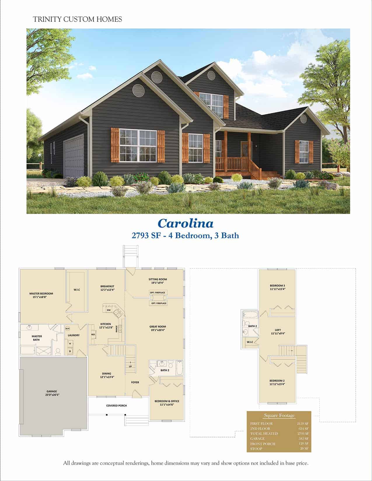 Carolina 4 bedroom custom home rendering and floor plan
