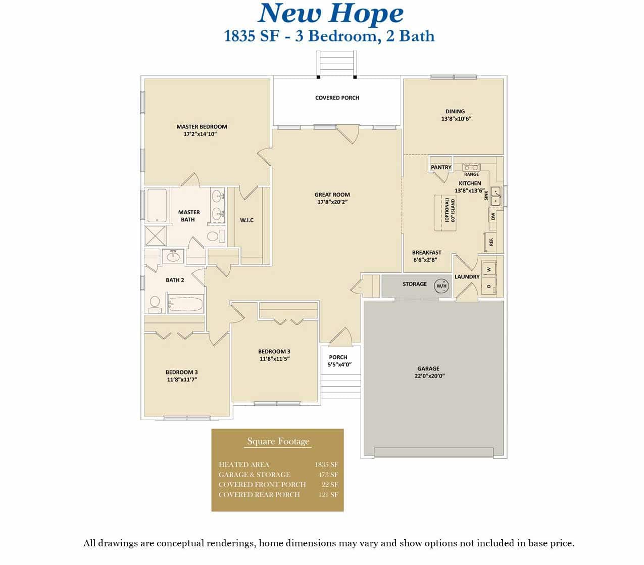 Floor plan for 3 bedroom, single story New Hope custom home