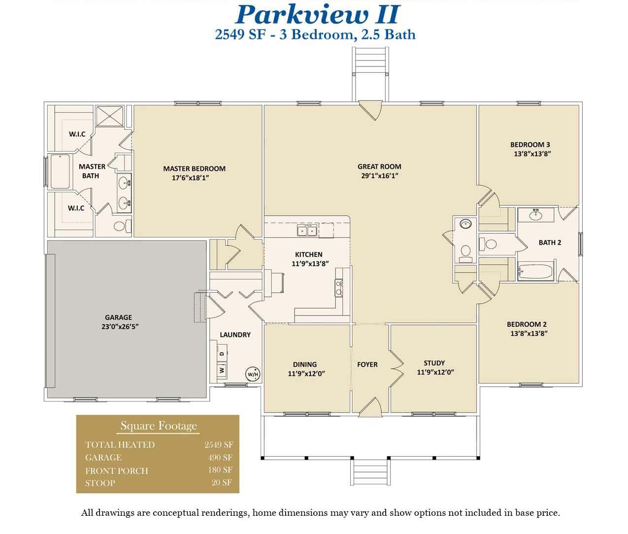 Floor plan for 3 bedroom, single story Parkview II custom home
