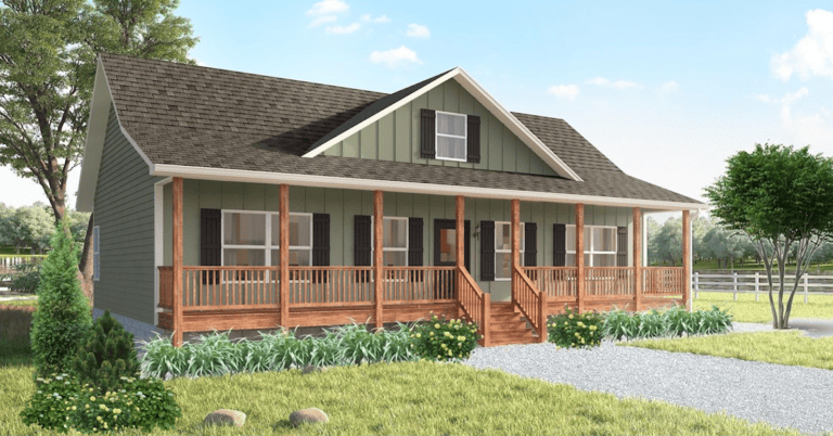 1. Elegant green cottage with a large wooden front porch, black shutters, and landscaped yard, showcasing custom home design by Trinity Custom Homes.