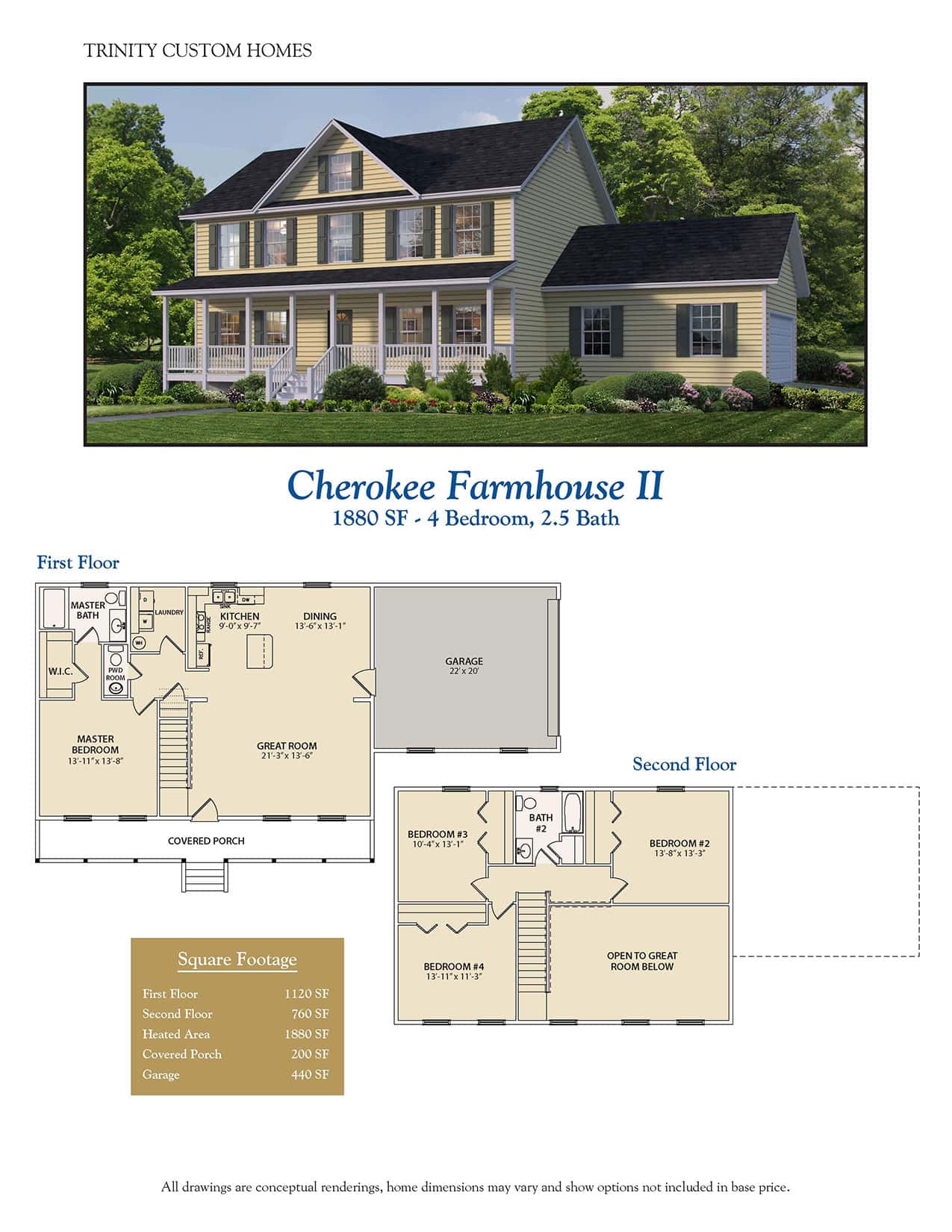 two story home rendering and floor plan