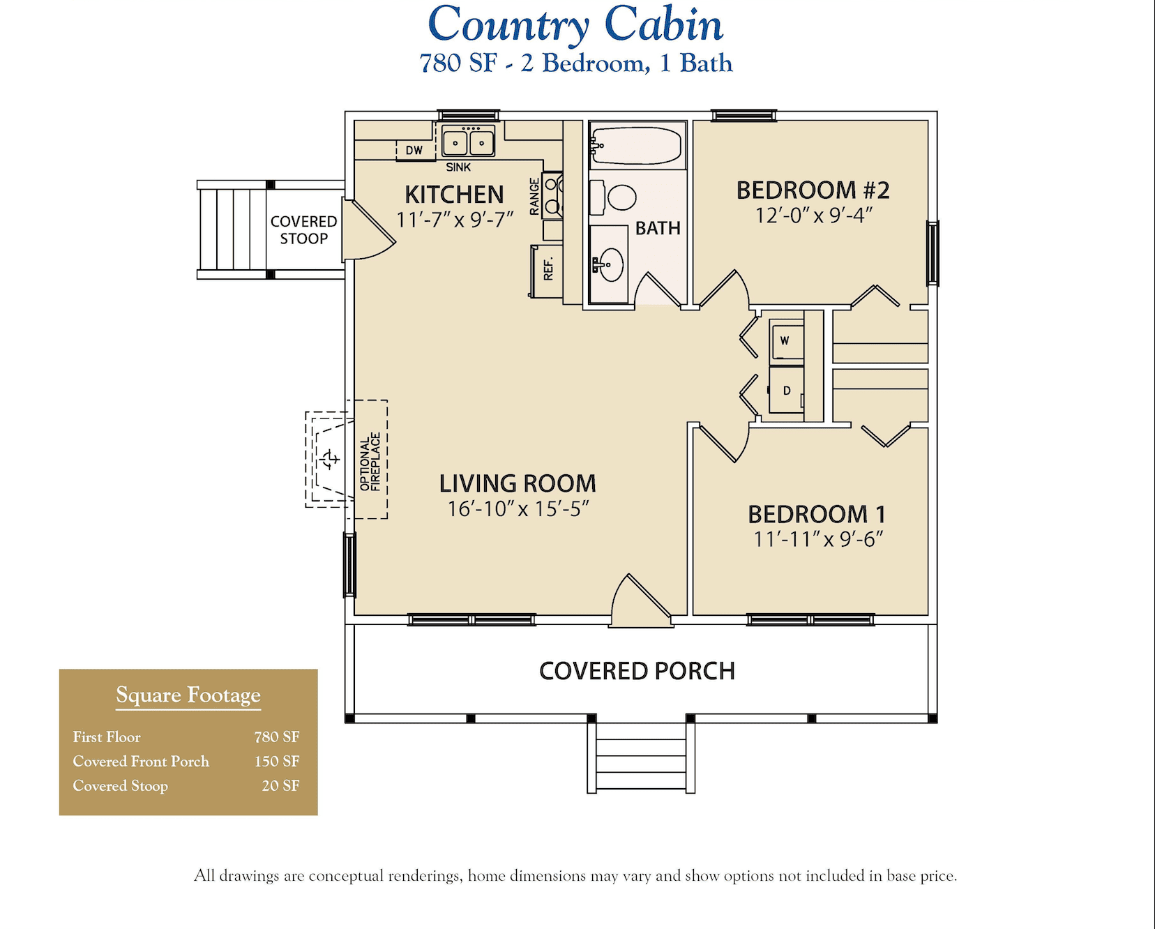 Elegant country cabin with 2 bedrooms and 1 bathroom, featuring a spacious living room, kitchen, and covered porch, perfect for cozy rural living.