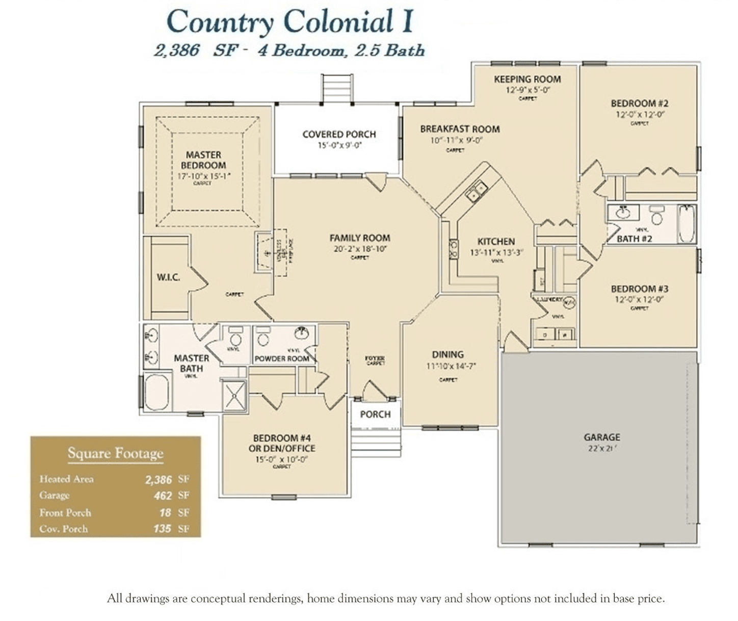 Charming Country Colonial I floor plan featuring 4 bedrooms, 2.5 bathrooms, and a large 2,386 sq ft layout, ideal for custom home builds and family living.