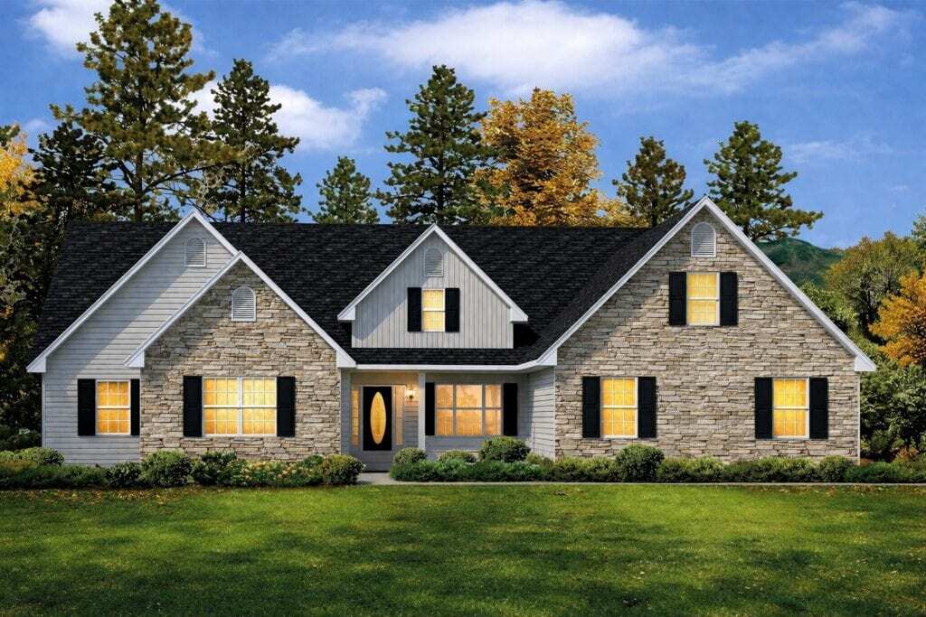 Elegant country colonial style home with stone accents and classic design elements. Perfect for traditional and modern living in a scenic natural setting.