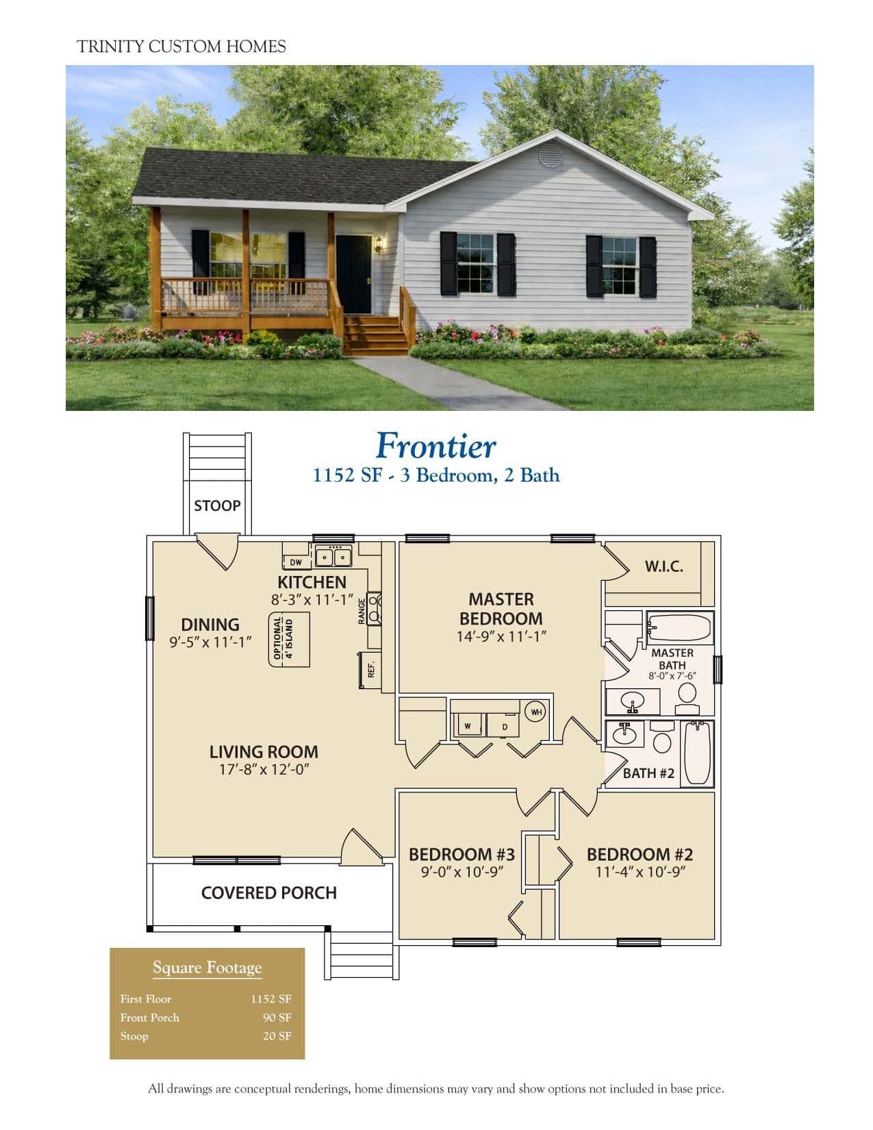 Spacious Frontier home featuring 1152 sq ft, 3 bedrooms, and 2 bathrooms, perfect for family living. Includes a covered porch, open floor plan, and modern amenities for comfortable living.