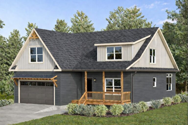 ALPINE - Custom modern home featuring dark gray and light beige siding, a gabled roof, and a cozy front porch, set amidst lush greenery.